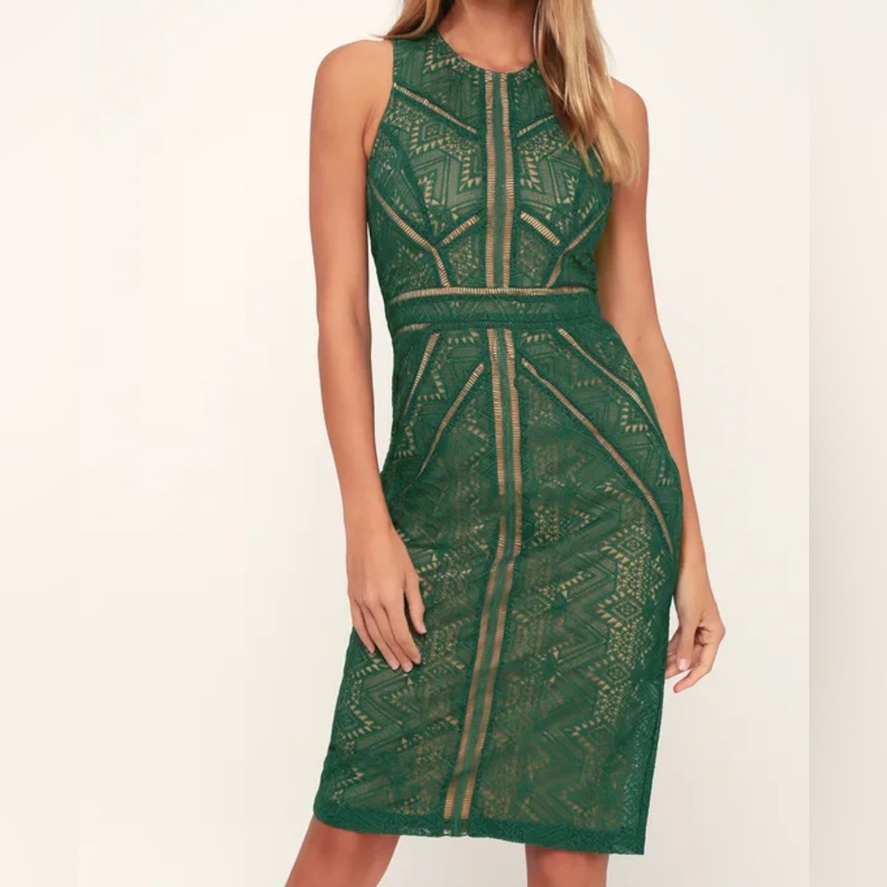 Bardot Eve Dark Green Sheer Crochet Lace Illusion Sleeveless Sheath Midi Dress 8
